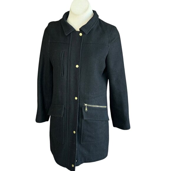 Cole Haan Black Wool Blend Gold Zipper Detail Overcoat Size 6 - Picture 2 of 11